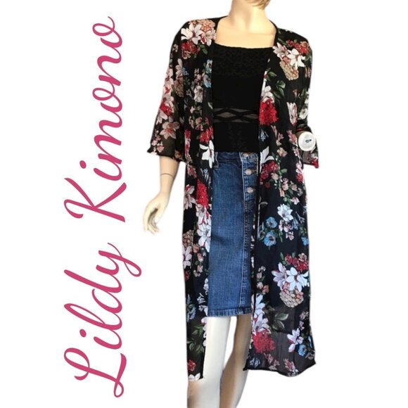 LILDY DARK FLORAL OPEN TIE FRONT KIMONO DUSTER SEMI-SHEER FLUTTER SLEEVE, MEDIUM - Picture 6 of 9